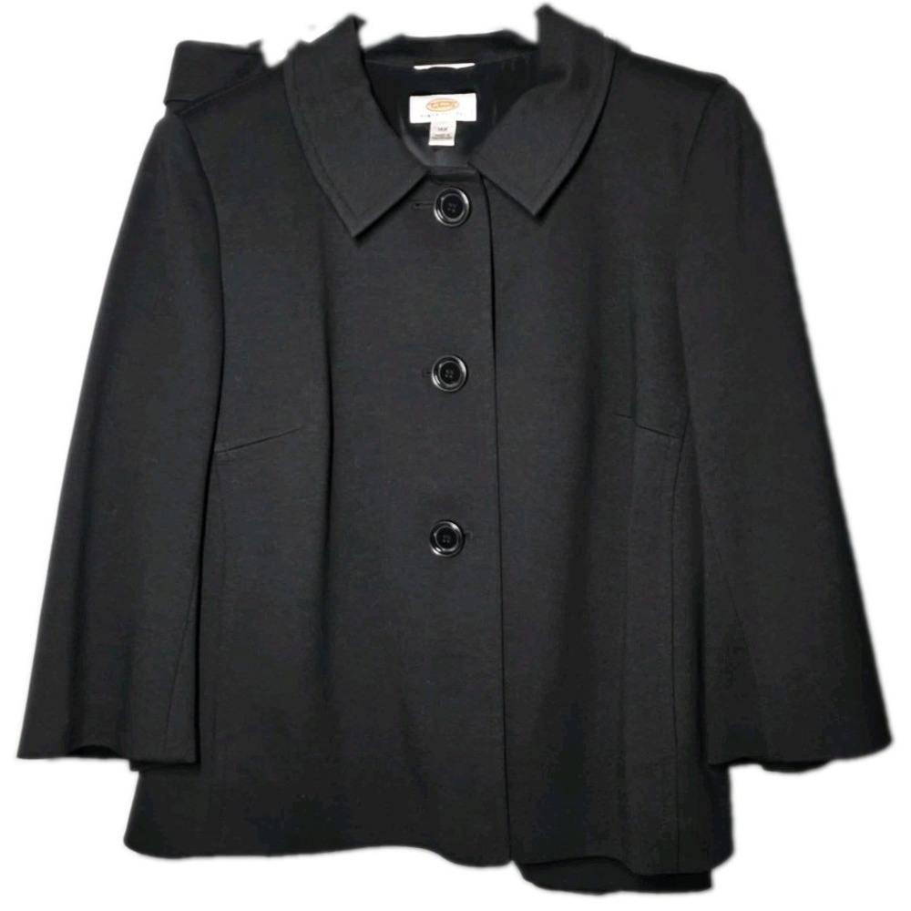 Talbots Petites Black Stretch Jacket Size 14P Button Front Cropped Swing Coat